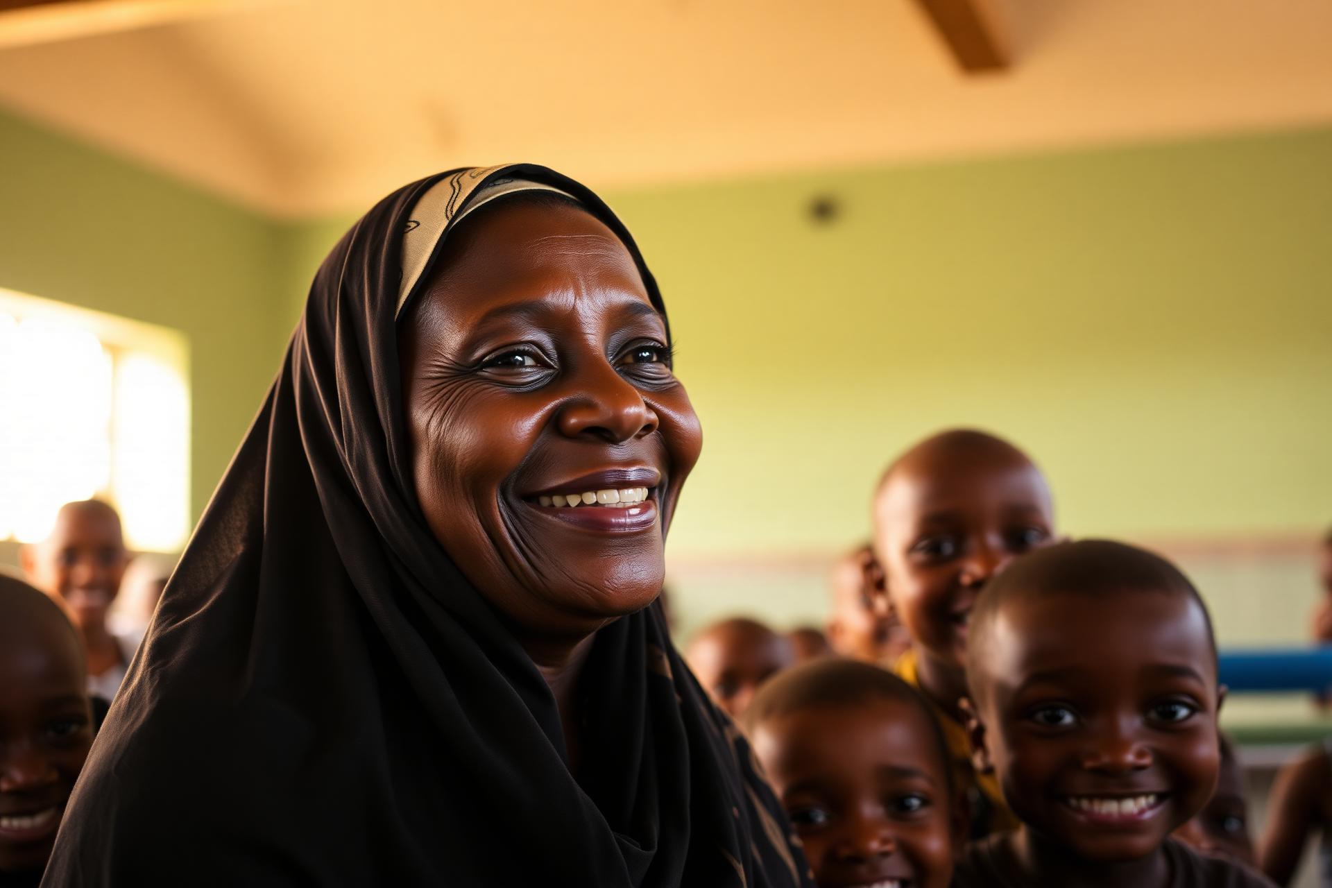 A widow smiling with orphan children in a bright classroom